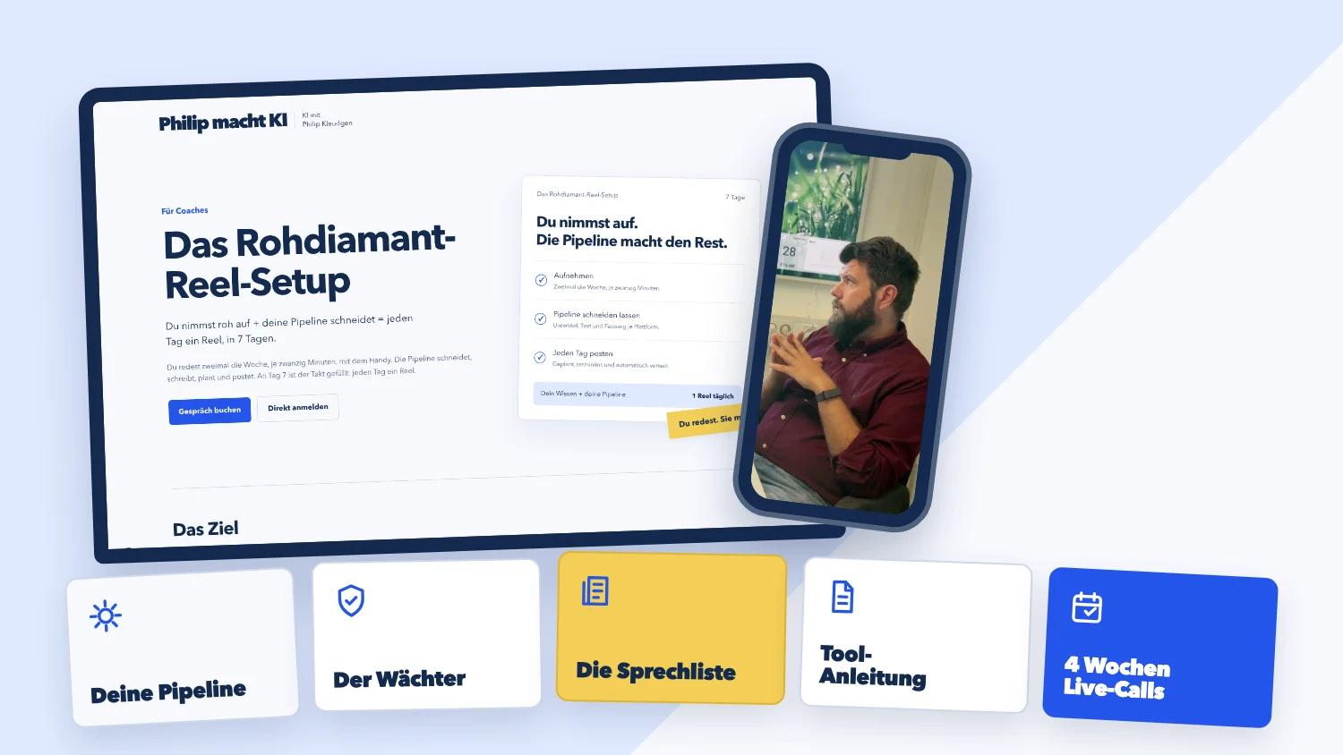 Laptop, Handy und Unterlagen des Rohdiamant-Reel-Setups