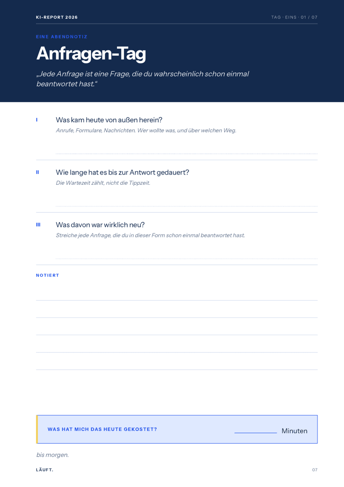 Seite aus dem Arbeitsheft: eine Abendnotiz mit drei Fragen und Linien zum Ausfüllen